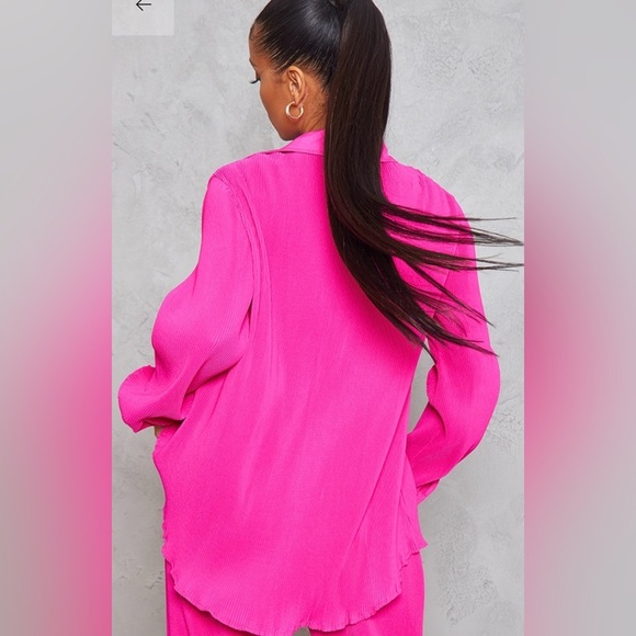 PLT Hot Pink Plisse Button Front Oversized Shirt - Picture 2 of 3